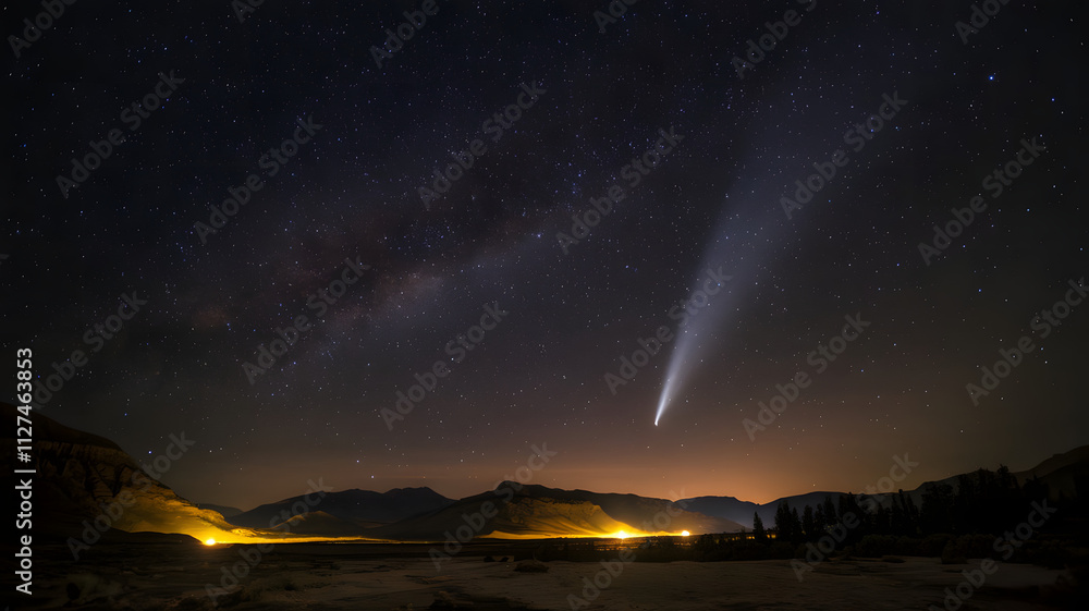 A star filled night sky with a streaking comet illuminating the landscape below A star filled night sky with a streaking comet illuminating the landscape below
