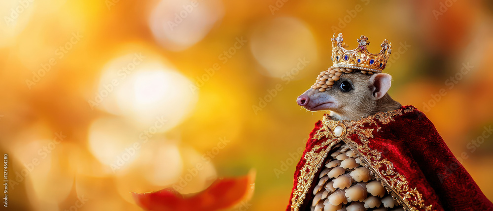 Obraz premium regal pangolin wearing crown and royal cape, set against warm, blurred background