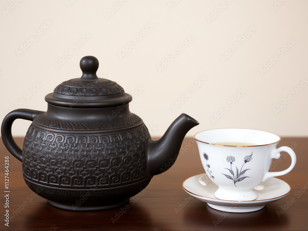 A teapot and a cup elegantly placed on a wooden table, creating a serene tea setting. A teapot and a cup elegantly placed on a wooden table, creating a serene tea setting.