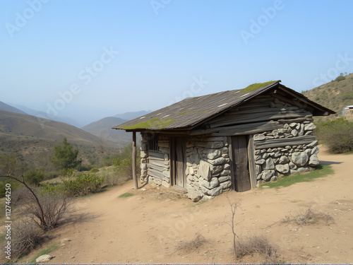 A quaint small stone building with a rustic charm, surrounded by greenery and a clear blue sky.