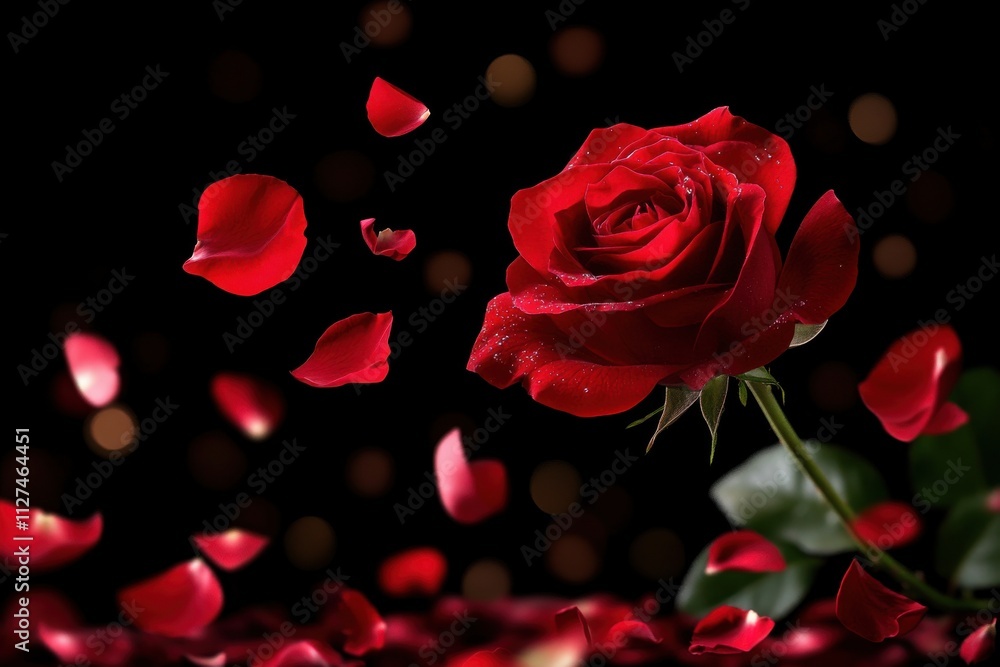 Red rose petals flying against a beautiful black background for a striking look. Red rose petals flying against a beautiful black background for a striking look.