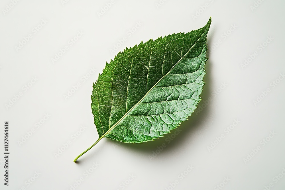 Fototapeta premium single green leaf lying on pristine white background symbolizing simplicity and sustainability