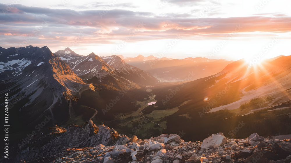 Obraz premium A sunset view from a mountaintop, with golden light spreading across the valley below