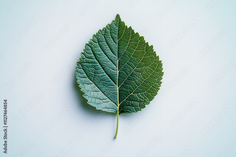 Obraz premium single green leaf lying on pristine white background symbolizing simplicity and sustainability