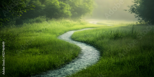 Serene winding path through dewy green grass under a soft morning glow, evoking peace and connection with nature