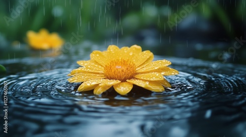 Beautiful yellow flower floating on water during rainfall