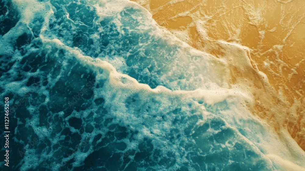 Fototapeta premium Waves gently crashing on a sandy beach at sunset, creating a serene coastal atmosphere
