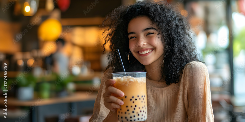 Smiling teenager enjoying a cup of bubble tea with tapioca pearls in a bright, cheerful caf?(C) atmosphere Smiling teenager enjoying a cup of bubble tea with tapioca pearls in a bright, cheerful caf?(C) atmosphere