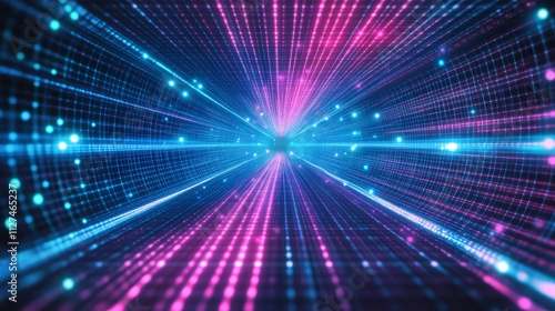 Abstract neon blue and pink laser grid tunnel background