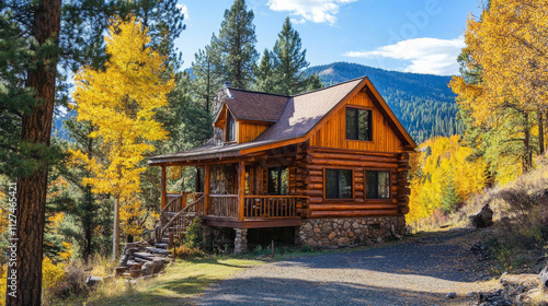 A charming wooden cabin nestled among tall pine trees, surrounded by a tranquil mountain valley.  photo