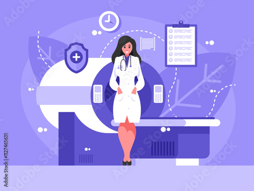 Female doctor on a MRI machine background. Medical specialist. MRI machine background. Idea of disease diagnosis. Radiology concept