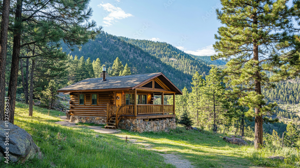 A charming wooden cabin nestled among tall pine trees, surrounded by a tranquil mountain valley. A charming wooden cabin nestled among tall pine trees, surrounded by a tranquil mountain valley.
