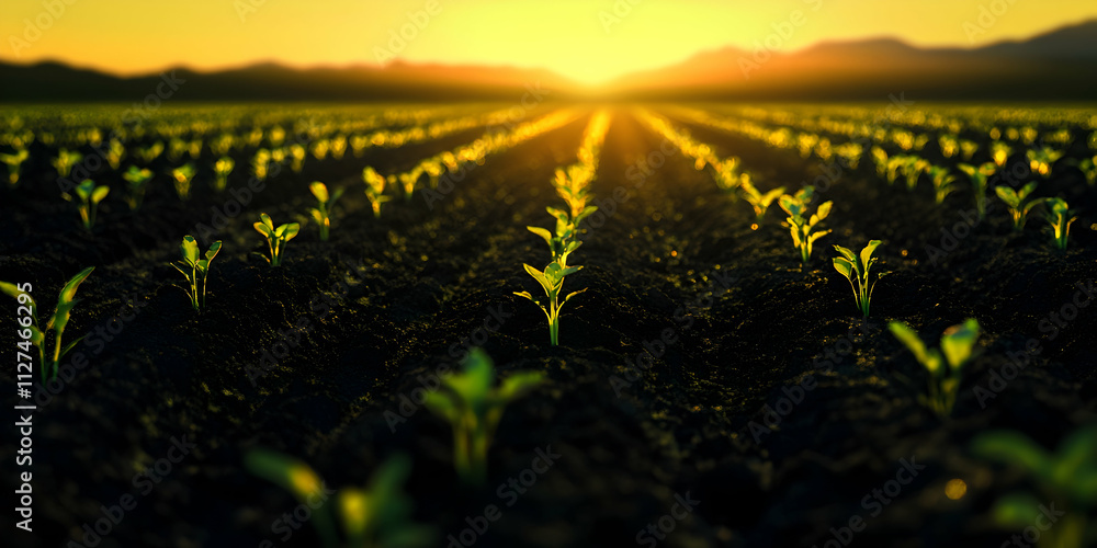Sunset over cultivated farmland showcasing rows of vibrant green seedlings, symbolizing sustainable growth and agricultural progress Sunset over cultivated farmland showcasing rows of vibrant green seedlings, symbolizing sustainable growth and agricultural progress