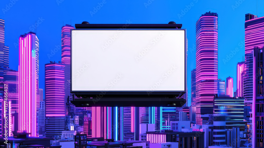 Obraz premium surreal of blank advertising board in vibrant cityscape. Neon lights illuminate skyline, creating futuristic atmosphere