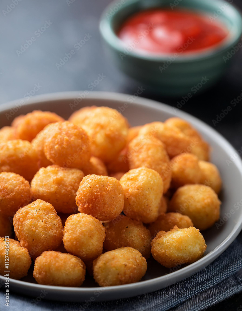 Plate of tater tots and bowl with tomato sauce. Tasty snack. Mini fried potato. Delicious food Plate of tater tots and bowl with tomato sauce. Tasty snack. Mini fried potato. Delicious food