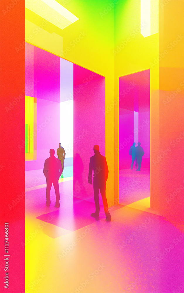 Fototapeta premium Abstract Neon Gradient Design with Geometric Shapes and Human Silhouettes for Modern Creative Concepts