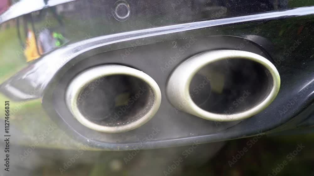 The exhaust pipes of a car are dirty and covered in grime. The car is parked in a grassy area The exhaust pipes of a car are dirty and covered in grime. The car is parked in a grassy area