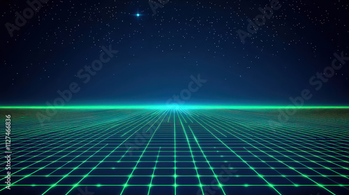 digital landscape featuring neon green lines against starry night sky, creating futuristic atmosphere