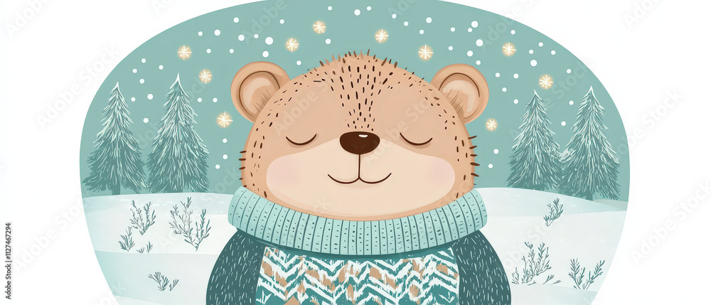 Fototapeta premium Cozy bear in winter landscape with snowflakes falling