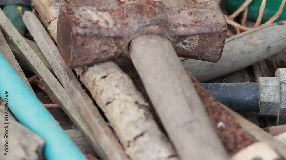 A close-up of an old, rusty hammer resting on a pile of weathered wood and tools. The image evokes a sense of nostalgia and the passage of time. A close-up of an old, rusty hammer resting on a pile of weathered wood and tools. The image evokes a sense of nostalgia and the passage of time.
