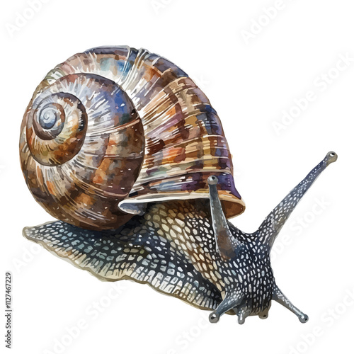 A watercolor of a land snail, isolated on a white background. Land snail vector.