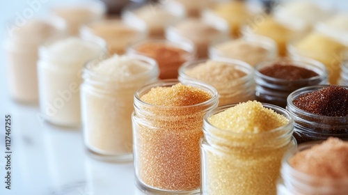 Variety of natural sweeteners in glass jars for culinary and health uses