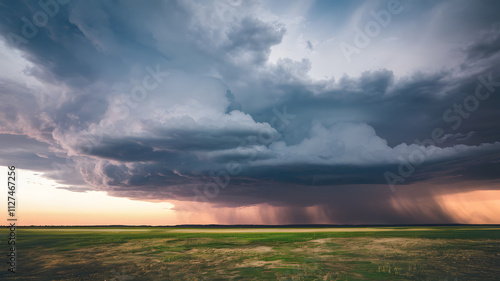 A thunderstorm rolling over a flat prairie photo