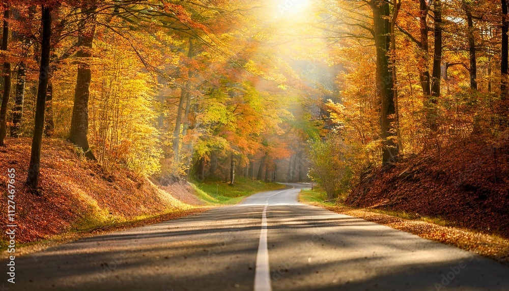 Naklejka premium autumn forest road at warm sunny fall morning