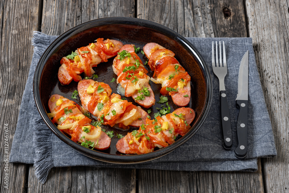 hot sausages baked with cheese, tomato, mustard hot sausages baked with cheese, tomato, mustard