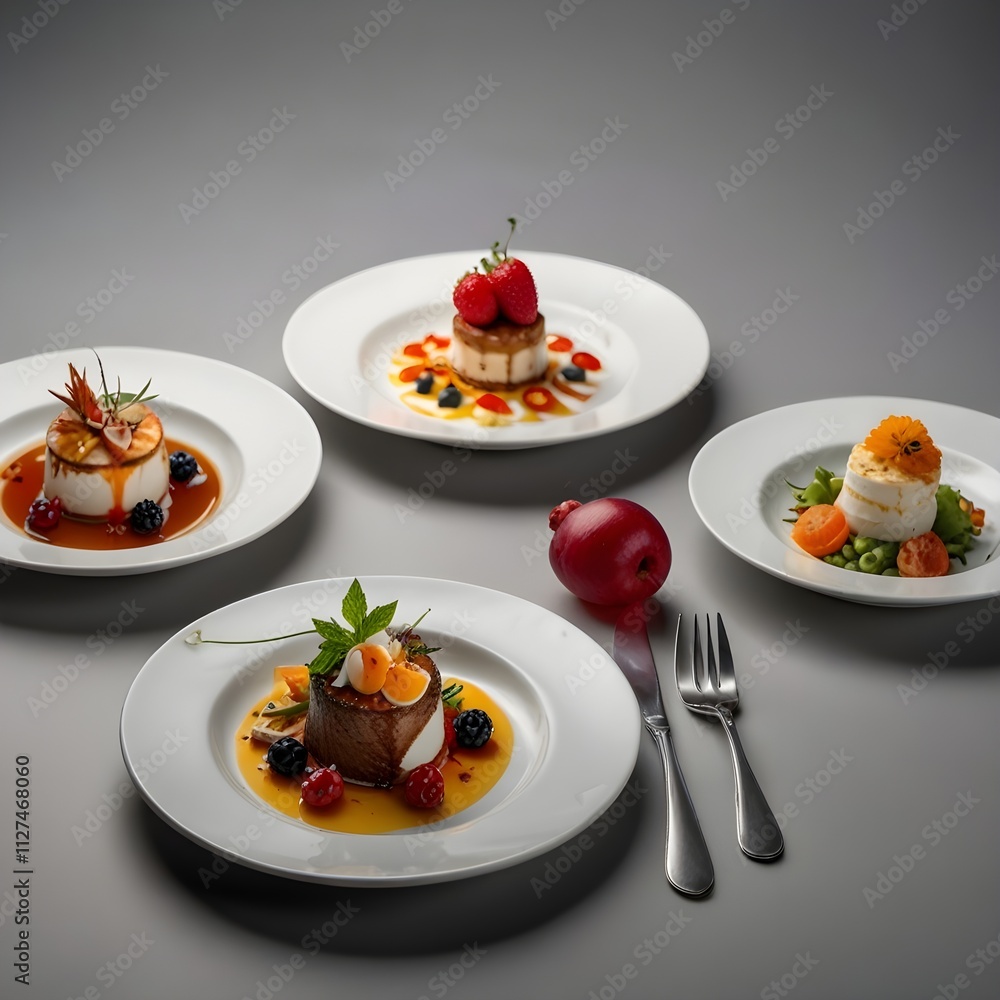 An array of gourmet dishes, each carefully crafted and arranged on elegant plates, isolated on a white background to highlight the beauty and complexity of modern culinary art Generative AI An array of gourmet dishes, each carefully crafted and arranged on elegant plates, isolated on a white background to highlight the beauty and complexity of modern culinary art Generative AI