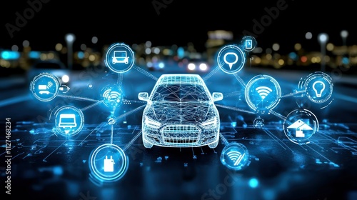 Digital car with connected technology icons.