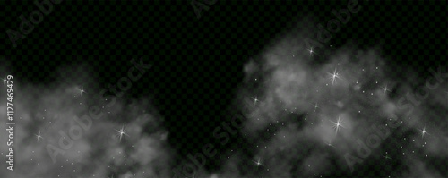 Fantastic magical smoke with glowing particles, stardust, and glittering stars, creating a colorful, ethereal fog. Vector illustration with vibrant, multicolored steam and vapor.