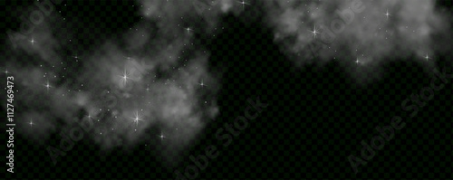 Fantastic magical smoke with glowing particles, stardust, and glittering stars, creating a colorful, ethereal fog. Vector illustration with vibrant, multicolored steam and vapor.