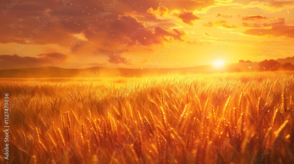 Golden fields of wheat being harvested at sunset with machinery in action, Golden fields of wheat being harvested at sunset with machinery in action,