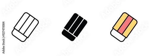 Set of 3 "Eraser" icons with 1 line, 1 silhouette n 1 colored icon with an unexpanded vector icon inside -Eraser icon simple rubber eraser removing clearing content related to editing drawing deletion