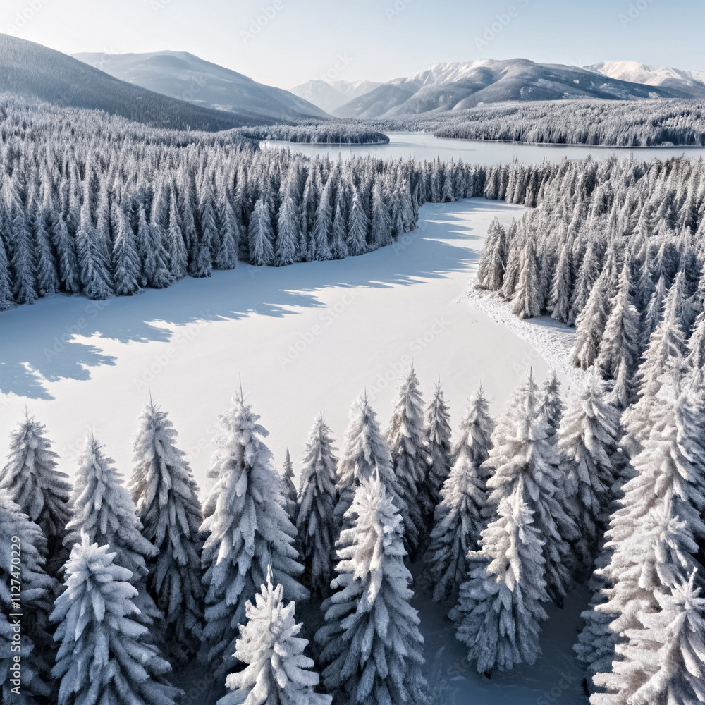 Winter landscape with snowy pine trees, frozen lake and mountain view. Perfect for seasonal, nature or travel content. Winter landscape with snowy pine trees, frozen lake and mountain view. Perfect for seasonal, nature or travel content.