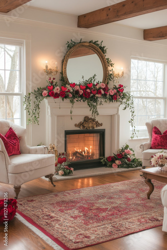 Romantic living room with red and white decor
