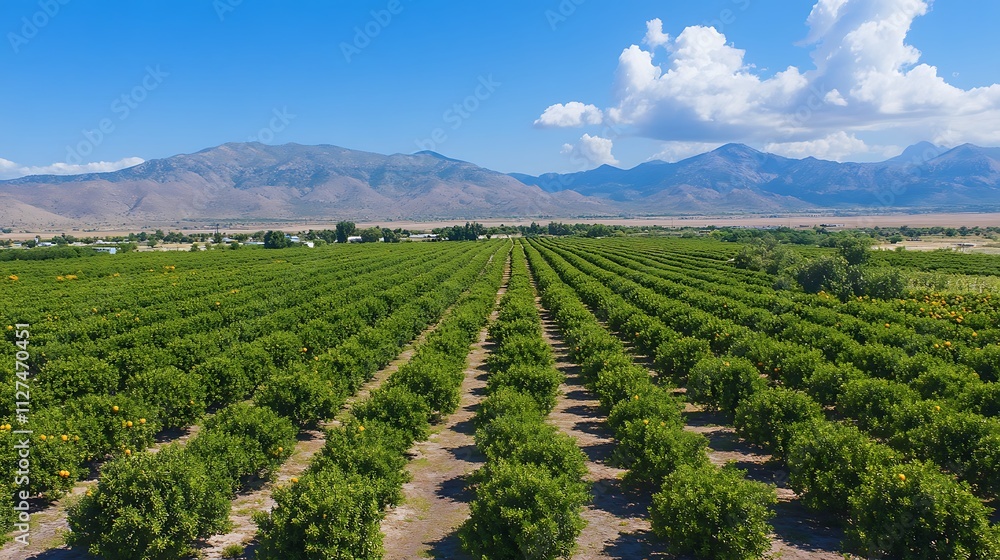 Aerial view of a vast citrus orchard with rows of trees stretching towards majestic mountains under a clear blue sky. Aerial view of a vast citrus orchard with rows of trees stretching towards majestic mountains under a clear blue sky.