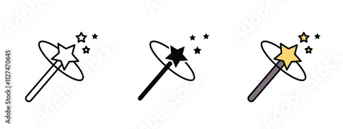 Set of 3 "Magic" icons with 1 line, 1 silhouette n 1 colored icon with an unexpanded vector icon inside - Magic icon wand with sparkles enchantment fantasy n mystical power magical wand