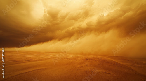 A powerful sandstorm sweeps across a vast, golden desert, obscuring the horizon with swirling clouds of dust.