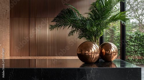 Modern interior with copper spheres, palm plant, and dark stone counter.