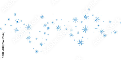 Snowflakes. Snow, snowfall. Falling scattered blue snowflakes on a white background.