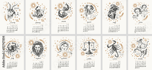 Monthly calendar with hand drawn zodiac signs illustration, planets, sun, moon, stars.