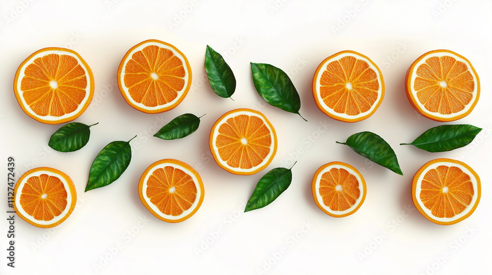 Realistic and detailed depictions of orange fruit in slices and whole forms, with vibrant pulp and green leaves, arranged cleanly on white backgrounds, perfect for food design. Realistic and detailed depictions of orange fruit in slices and whole forms, with vibrant pulp and green leaves, arranged cleanly on white backgrounds, perfect for food design.