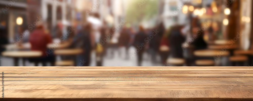 A beautiful wooden tabletop counter, empty and ready for use, set within a clean and modern restaurant space. The background features blurred movements of people, giving a dynamic yet calm effect. A beautiful wooden tabletop counter, empty and ready for use, set within a clean and modern restaurant space. The background features blurred movements of people, giving a dynamic yet calm effect.