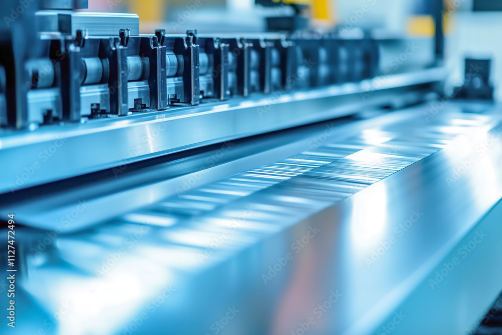 Obraz premium A rolling mill press machine produces a sheet of metal from a block of aluminum. Heavy metal rolling equipment. Selective focus