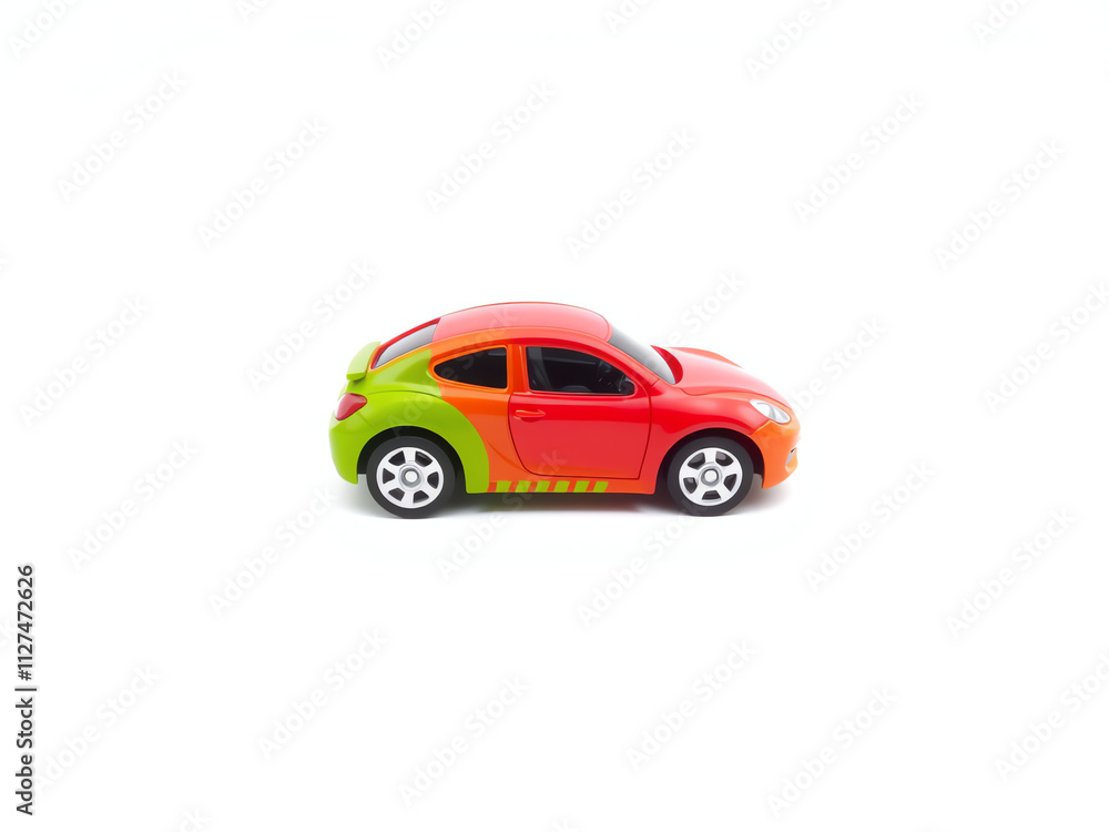 A colorful toy car positioned on a clean white background, showcasing its design and vibrant colors. A colorful toy car positioned on a clean white background, showcasing its design and vibrant colors.