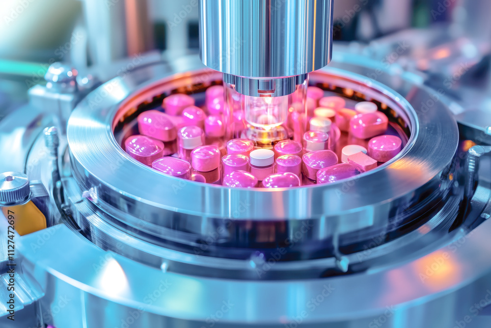 A tablet press machine in action, producing herbal supplements, showcasing the pharmaceutical industry's precision and quality. A tablet press machine in action, producing herbal supplements, showcasing the pharmaceutical industry's precision and quality.