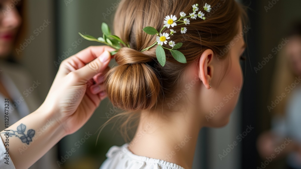 Naklejka premium The image shows a young woman with her hair pulled back into a high bun. She is wearing a white blouse and has a small flower crown on her head.