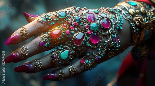 Vibrant mehendi designs embellished with colorful gemstones on a model's hand. photo